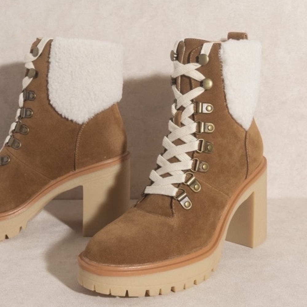 NWT Oasis Society Madilyn Camel Lace Up Chunky Heeled Boots Vegan Suede - Picture 7 of 8